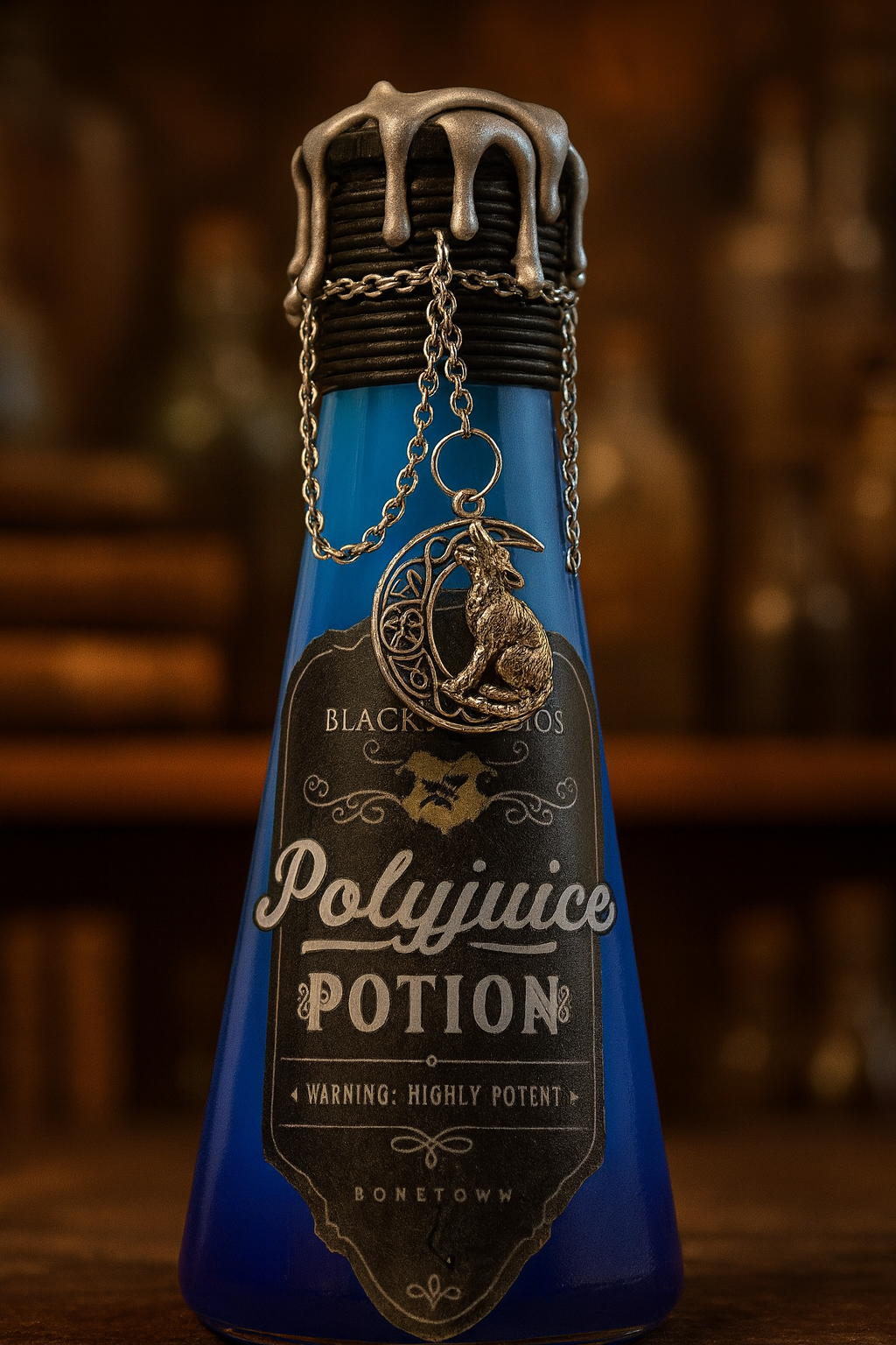Polyjuice Potion Bottle – Blue-to-Purple Shimmering Elixir with Charms & Wax Seal