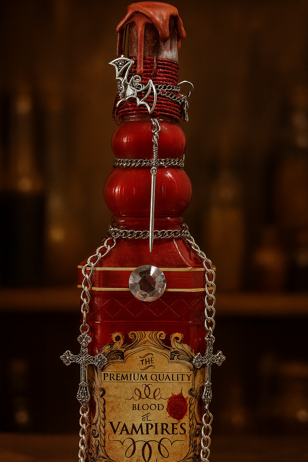 Premium Quality Blood of Vampires Potion Bottle with Sparkling Gems & Silver Crosses