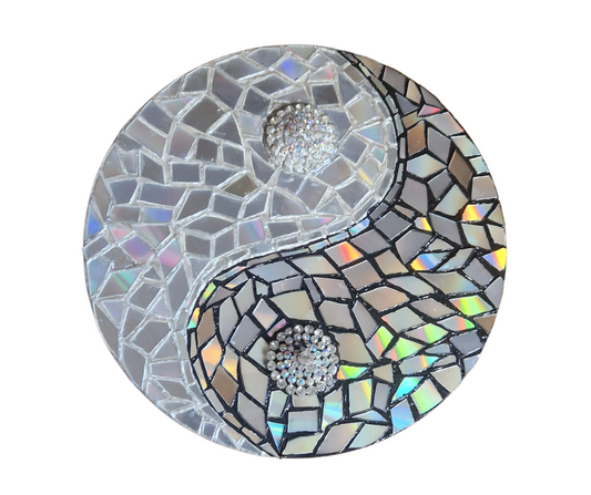 Yin and Yang Shimmer Plaque – Handmade Mosaic Wall Art with Mirror Accents